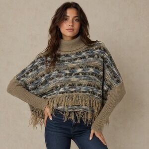 Oceanus Sweater Women Small Brown Boho Fringe Turtleneck Knit‎ Hippie Indie